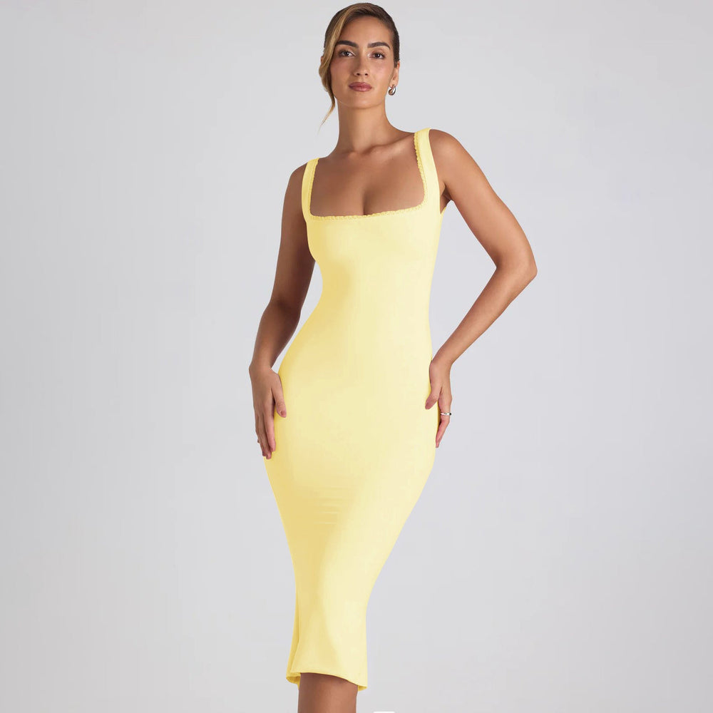 Damen figurbetontes Midikleid mit quadratischem Ausschnitt und Spitzenakzenten