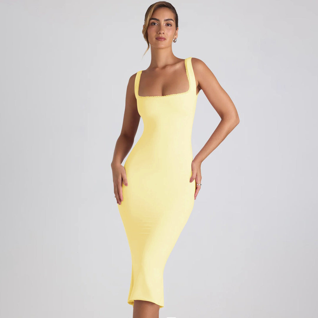 Damen figurbetontes Midikleid mit quadratischem Ausschnitt und Spitzenakzenten