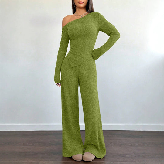 Damen Asymmetrisches Strick-Lounge-Set mit One-Shoulder-Oberteil und weitem Bein Shop Nory