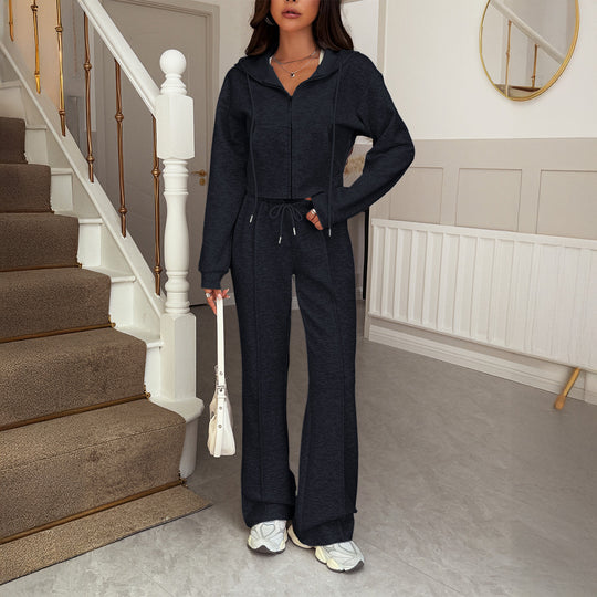 Damen nan kurzgeschnittenes Kapuzen-Sweatset mit Reißverschluss und hochtaillierter Schlaghose Shop Nory