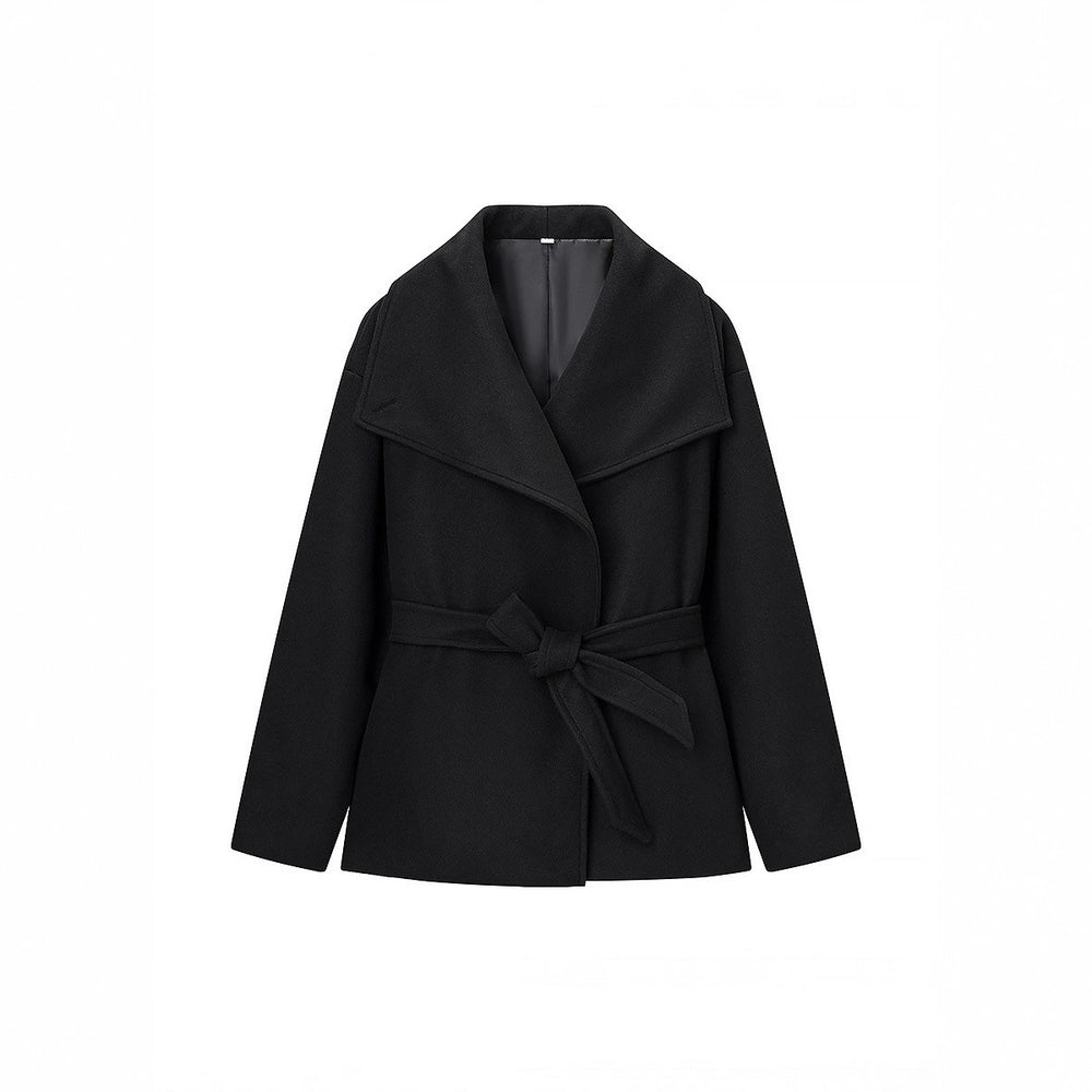 Damen Kurzer Wickelmantel mit übergroßem Schalkragen und Bindegürtel Shop Nory
