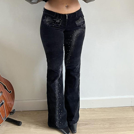 Damen nan ausgestellte Cordhose mit Glitzerstreifen und Blumenstickerei, hoher Bund Shop Nory