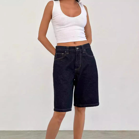 Damen lässige Denim-Shorts mit weitem Schnitt und hohen Seitentaschen