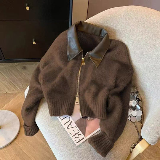 Damen nan kurz geschnittener Strickblouson mit Kunstlederkragen und goldfarbenem Metallreißverschluss Shop Nory