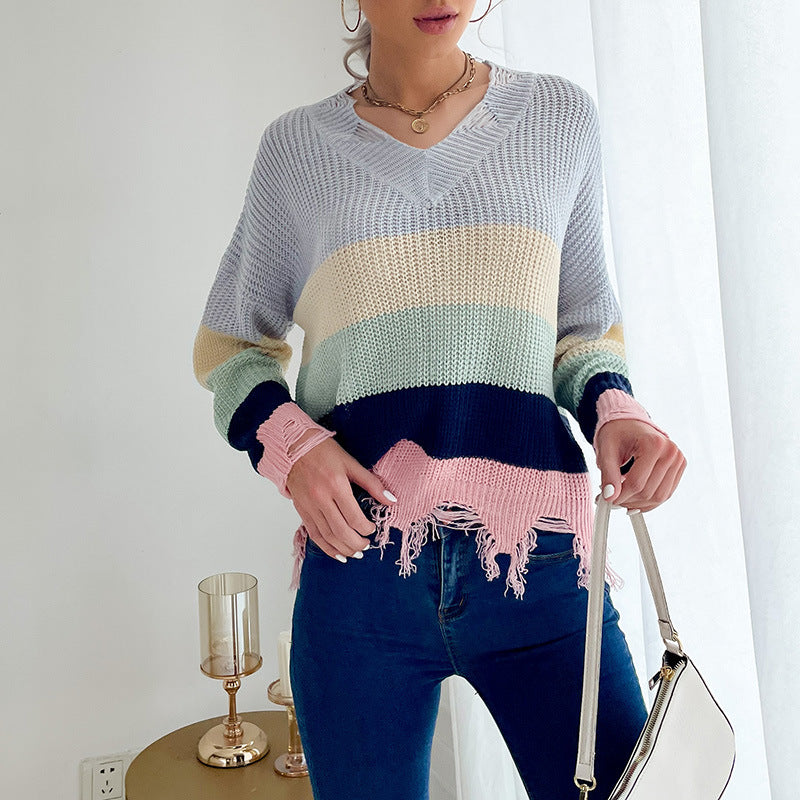 Damen Oversize Strickpullover mit V‑Ausschnitt, Streifenmuster und ausgefranstem Saum Shop Nory