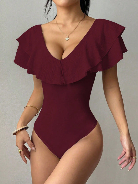 Damen Taillierter Body mit tiefem V‑Ausschnitt und doppeltem Volantkragen Shop Nory