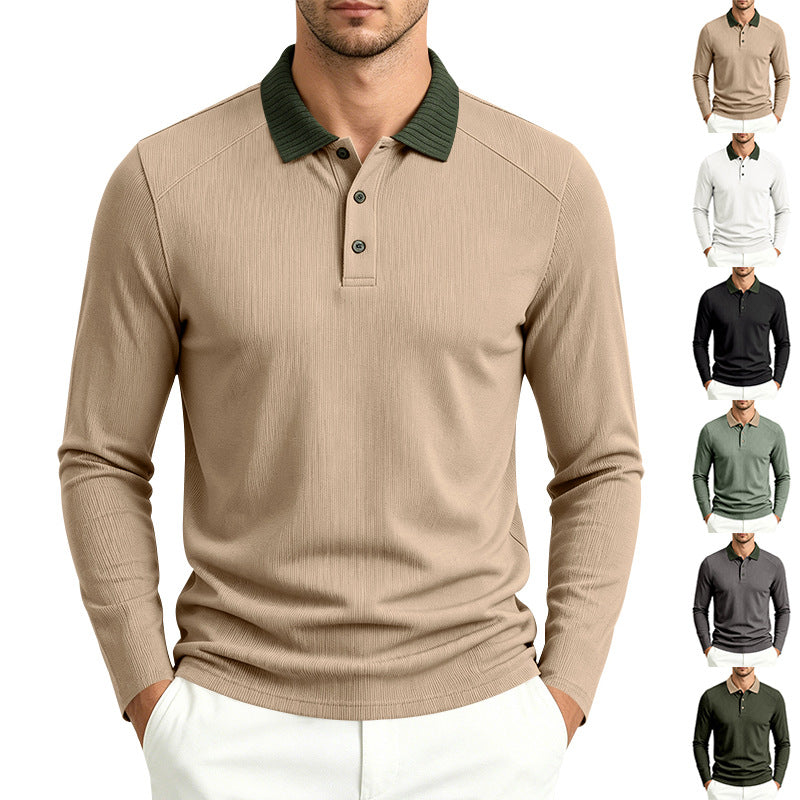 Herren Langarm-Poloshirt mit gerippter Kontrastkragen und feiner Waffelstruktur Shop Nory