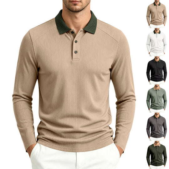 Herren Langarm-Poloshirt mit gerippter Kontrastkragen und feiner Waffelstruktur Shop Nory