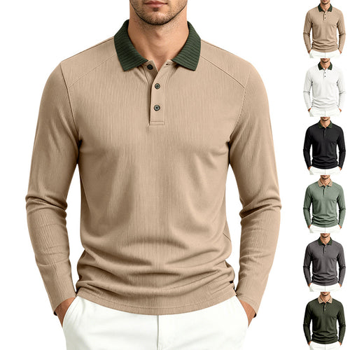 Herren Langarm-Poloshirt mit gerippter Kontrastkragen und feiner Waffelstruktur Shop Nory