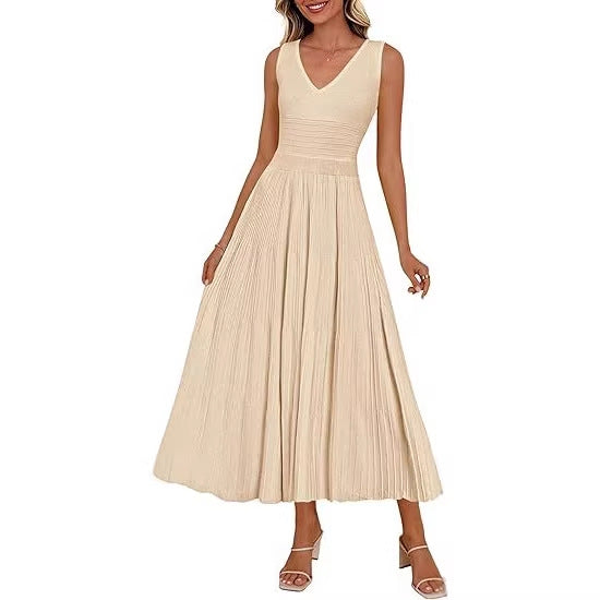 Damen Plisseekleid mit V-Ausschnitt und weitem Saum Shopnory