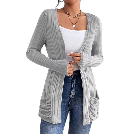 Damen Gerippter Langcardigan mit offener Front, Eingrifftaschen und legerer Passform Shop Nory