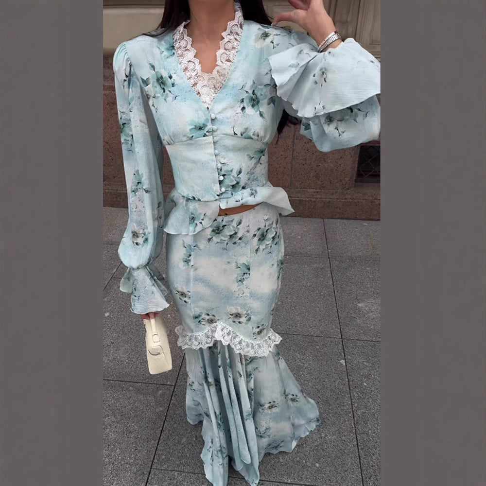 Damen Zweiteiliges Maxikleid-Set mit Korsagenoberteil, Volantärmeln und Spitzenbesatz Shop Nory