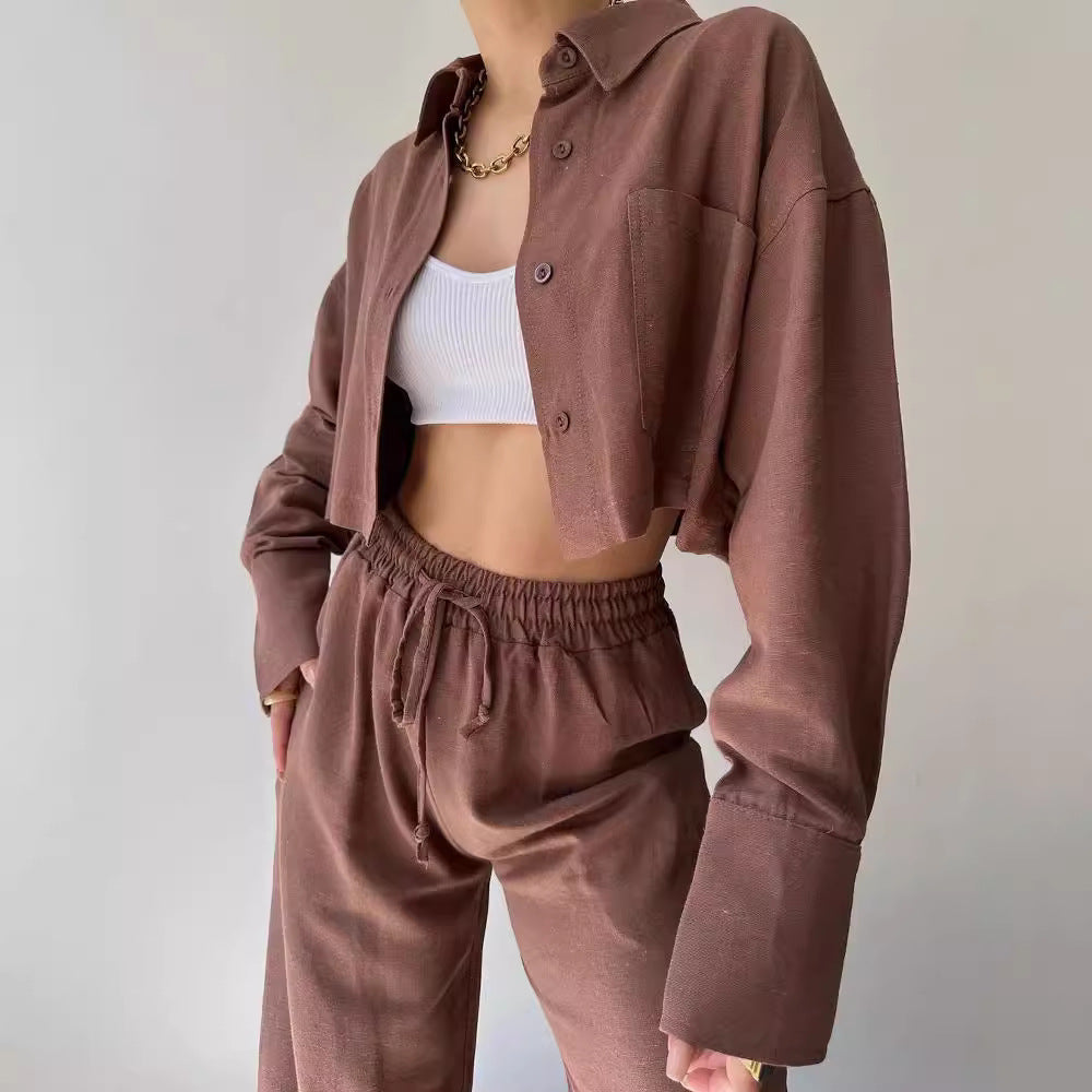 Damen Leinenoptik-Loungewear-Set mit Cropped-Overshirt und High-Waist-Tunnelzughose Shop Nory