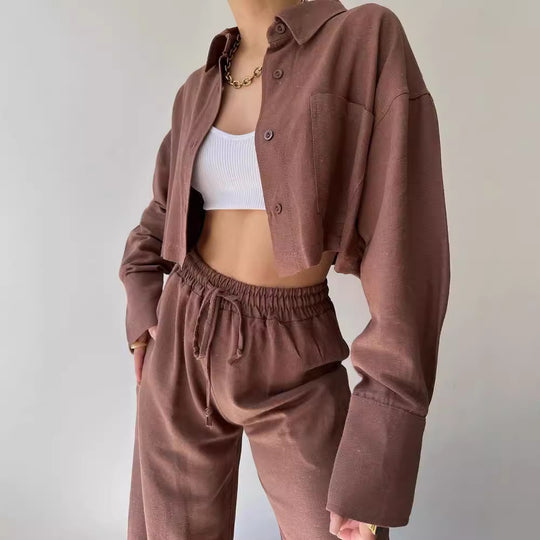 Damen Leinenoptik-Loungewear-Set mit Cropped-Overshirt und High-Waist-Tunnelzughose Shop Nory