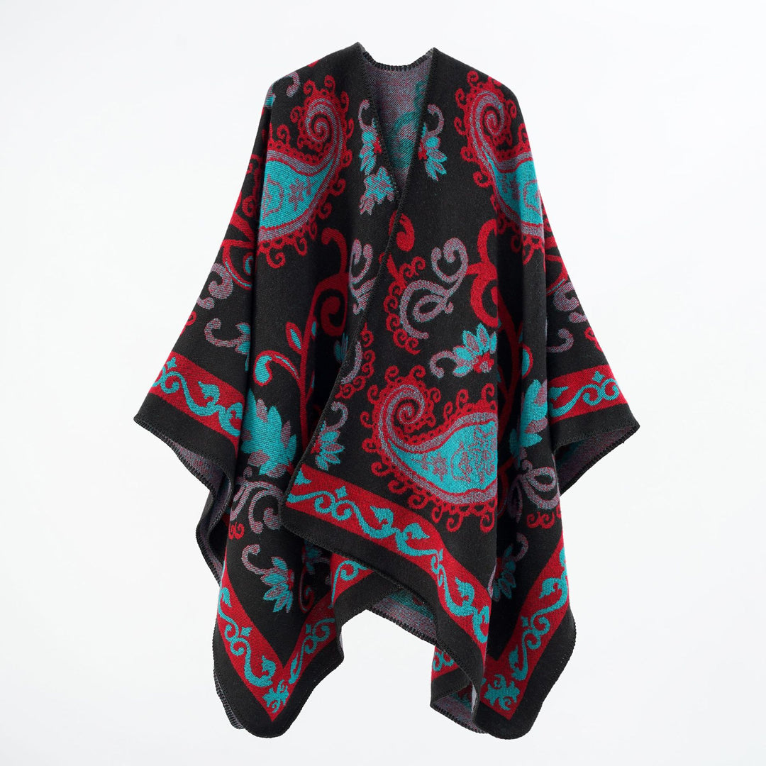 Damen Jacquard-Wollmix-Poncho mit Paisley‑Jacquard und offenem Kimono‑Fall Shop Nory