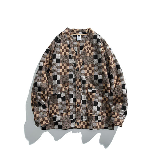 Unisex Boxy-Strickjacke im Patchwork-Karo mit V-Ausschnitt, Druckknopffront und aufgesetzten Taschen Shop Nory