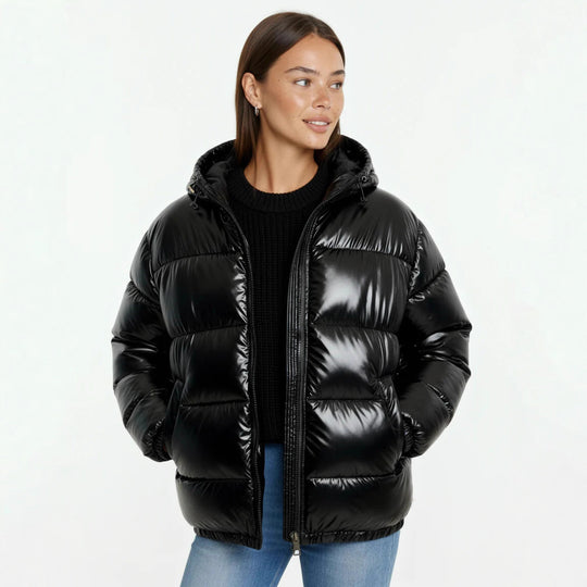 Damen Hochglanz Steppjacke mit Kapuze