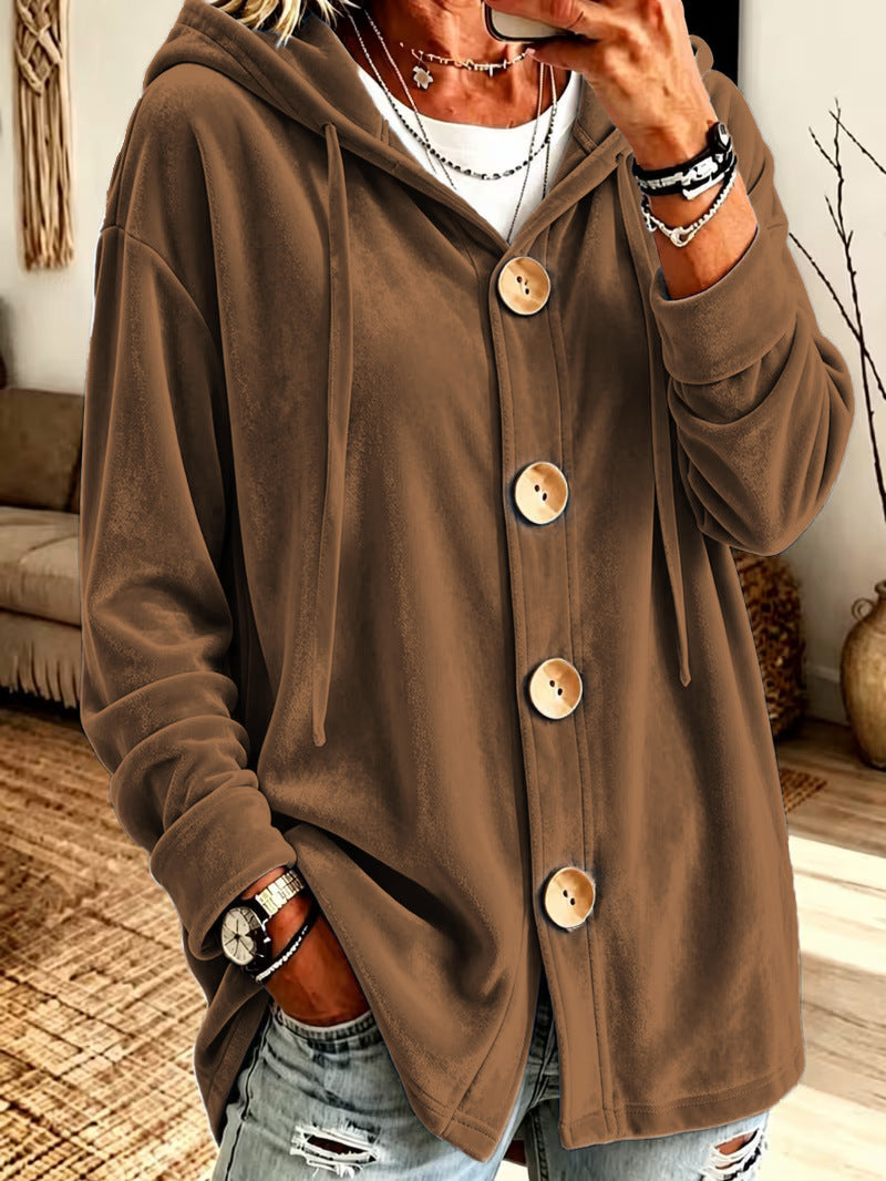 Damen Oversize Kapuzen-Samtjacke mit großen Holzknöpfen und weichem Veloursfutter Shop Nory