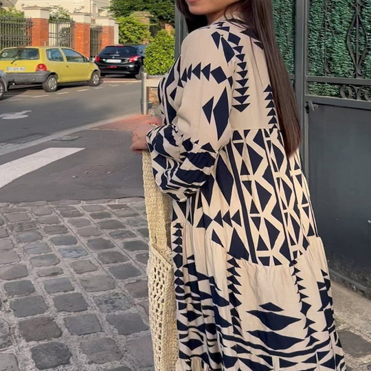 Damen Lockeres Maxikleid im Boho‑Stil mit grafischem Print, V‑Ausschnitt und Knopfleiste Shop Nory
