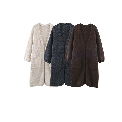 Damen Oversize Strickmantel mit V‑Ausschnitt, kuscheliger Bouclé‑Optik und aufgesetzten Taschen Shop Nory