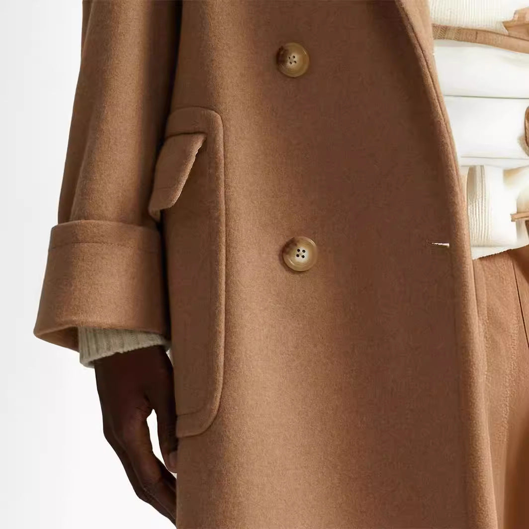 Damen langer doppeltreihiger Wollmantel mit weitem Schnitt und Reverskragen Shop Nory