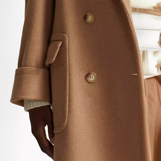 Damen langer doppeltreihiger Wollmantel mit weitem Schnitt und Reverskragen Shop Nory