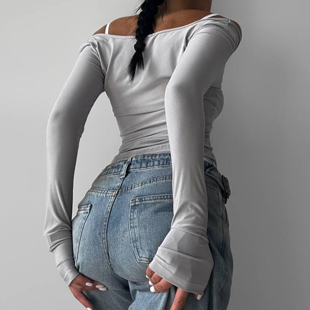 Damen nan tailliertes Longsleeve-Cropped-Top mit eckigem Ausschnitt und doppelten Spaghettiträgern Shop Nory