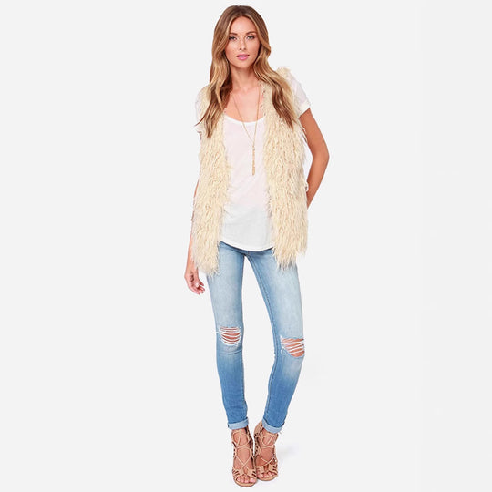 Damen Ärmellose Shaggy‑Kunstfellweste mit langfaserigem Hochflor und offenem Saum Shop Nory