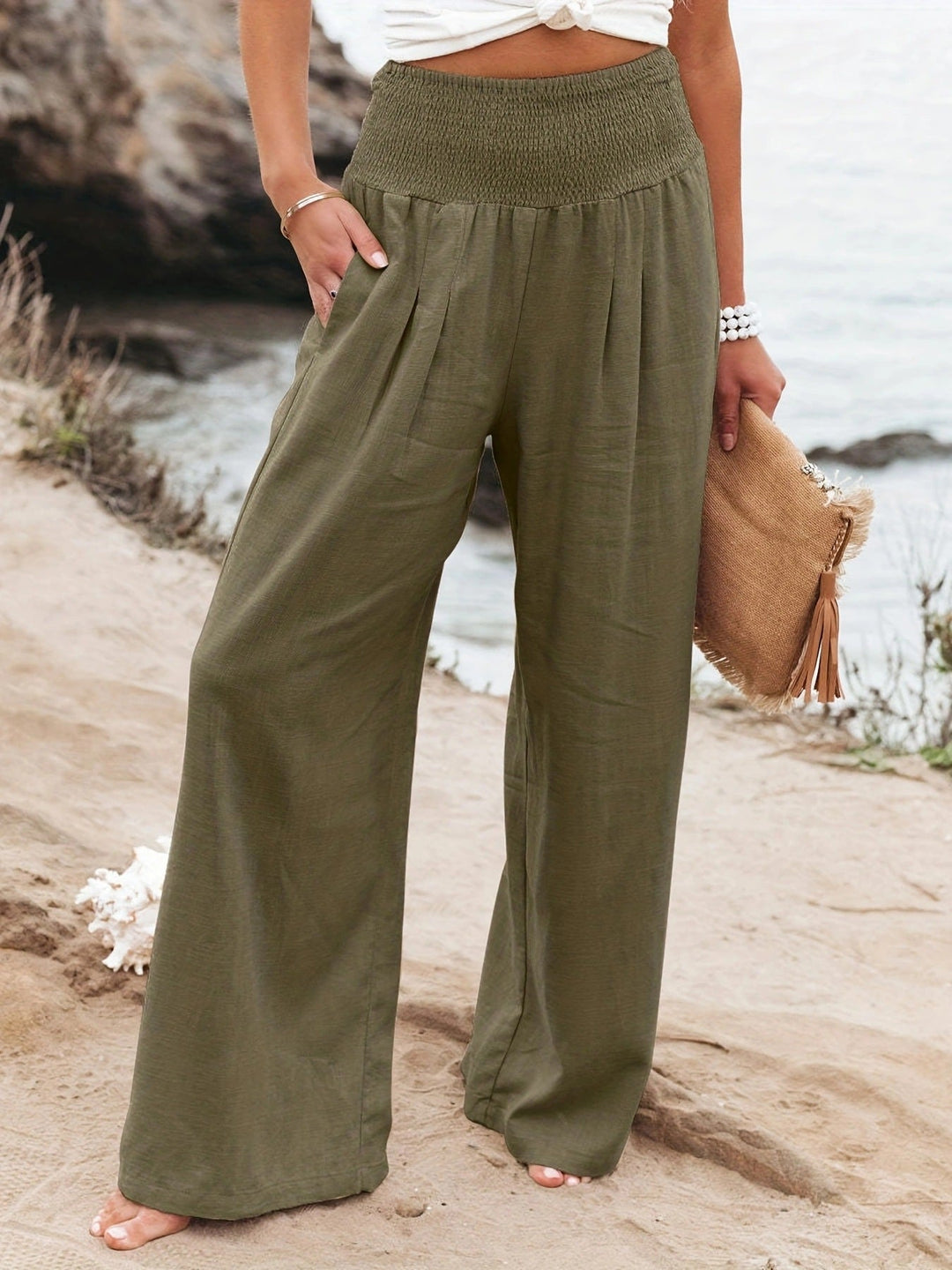 Damen weite Leinenhose mit elastischem Bund