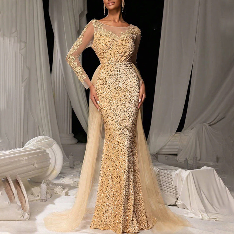Damen Glamouröses Abendkleid mit schimmerndem Spitzenoberteil und fließendem Tüllumhang