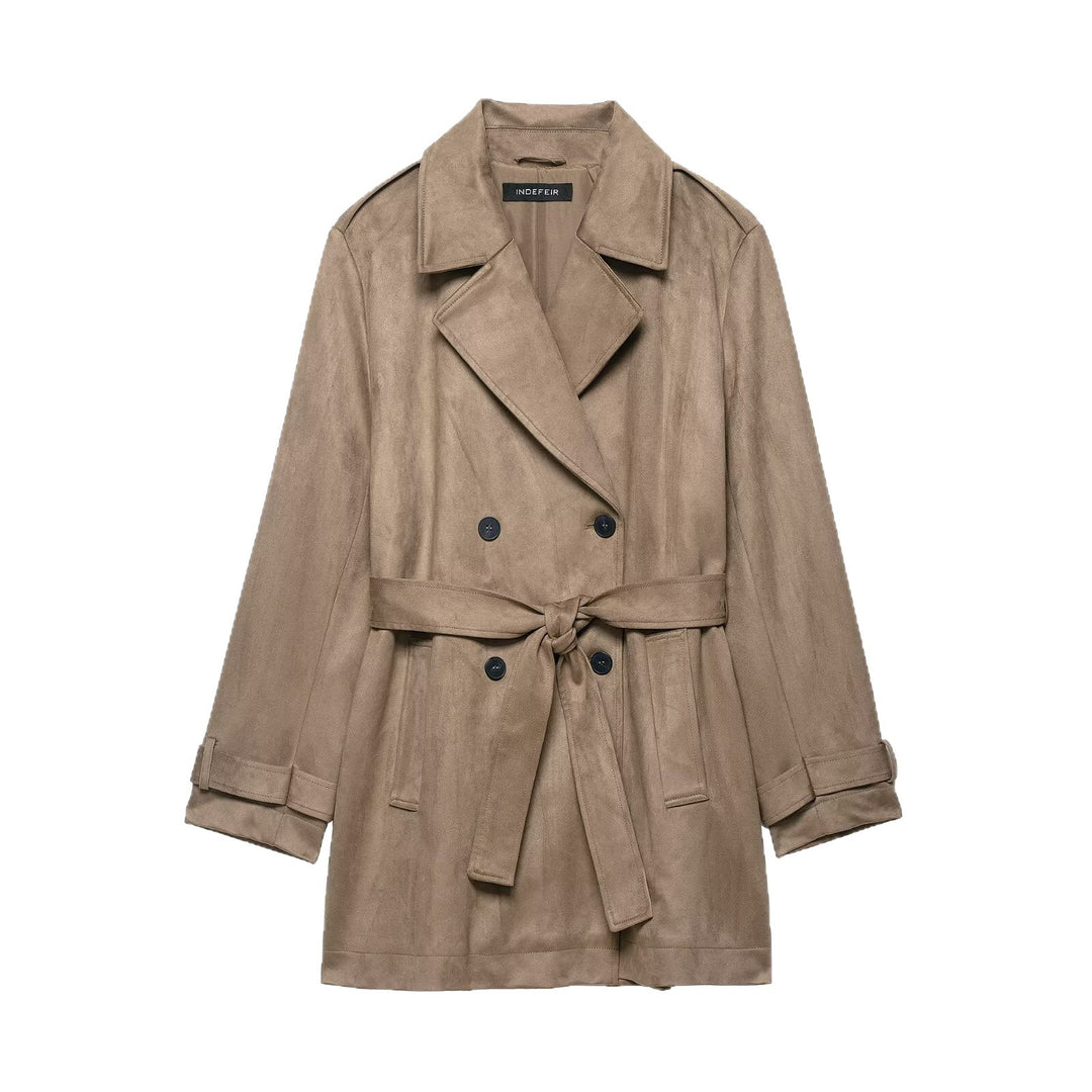 Damen Doppelreihiger Wildlederoptik-Trenchcoat mit Taillengürtel Shop Nory