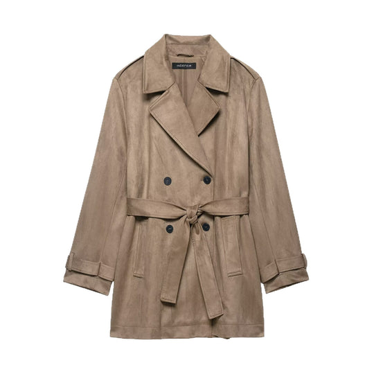 Damen Doppelreihiger Wildlederoptik-Trenchcoat mit Taillengürtel Shop Nory