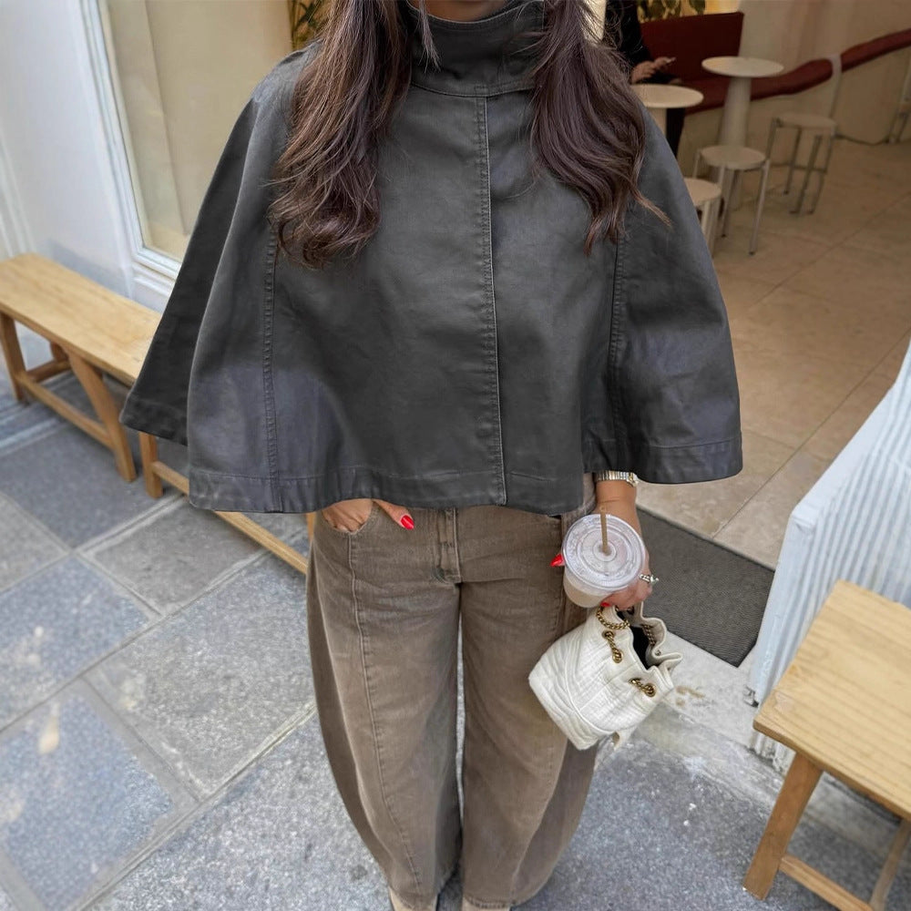 Damen Kurze Leder-Capejacke mit hohem Stehkragen und kastiger Cropped-Silhouette Shop Nory