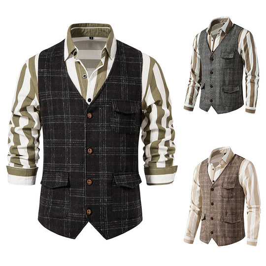 Herren kariertes Wollmix Gilet mit Brusttasche und aufgesetzten Seitentaschen Shop Nory