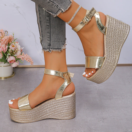 Damen Hochhackige Plateau-Sandalen mit verstellbarem Riemen und glanzvollem Finish