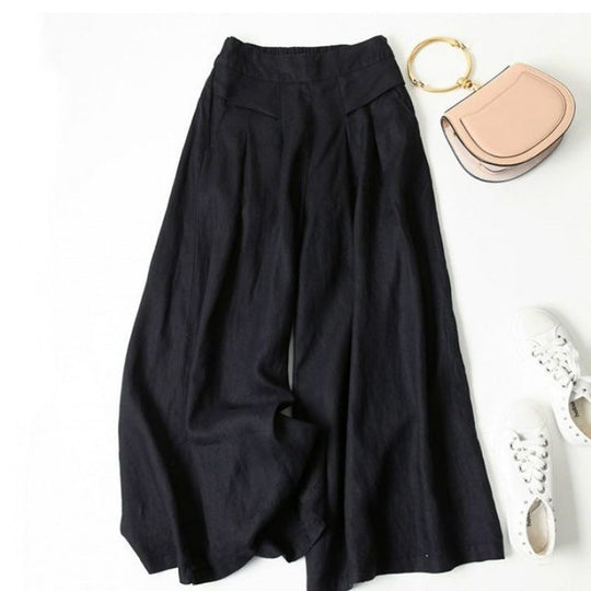 Damen Weit geschnittene Leinenhose mit hohem Bund und eleganten Falten