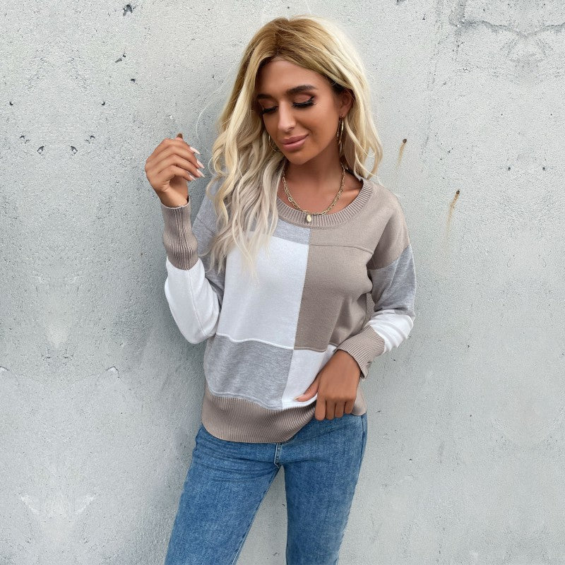 Damen Patchwork-Strickpullover mit kontrastierenden Feldern, Rundhalsausschnitt und gerippten Abschlüssen Shop Nory