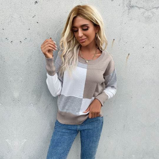 Damen Patchwork-Strickpullover mit kontrastierenden Feldern, Rundhalsausschnitt und gerippten Abschlüssen Shop Nory