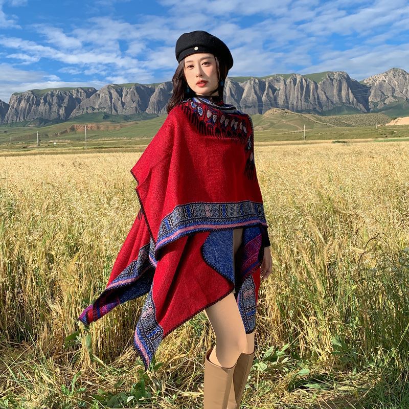 Damen Oversize-Poncho im Ethno-Jacquard mit V-Ausschnitt und strukturiertem Saum Shop Nory