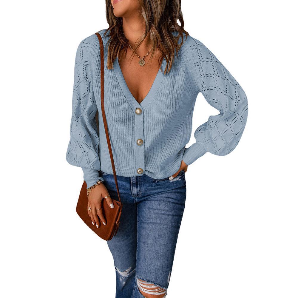 Damen Strickcardigan mit V-Ausschnitt, Zierknopfleiste und Ajourballonärmeln Shop Nory