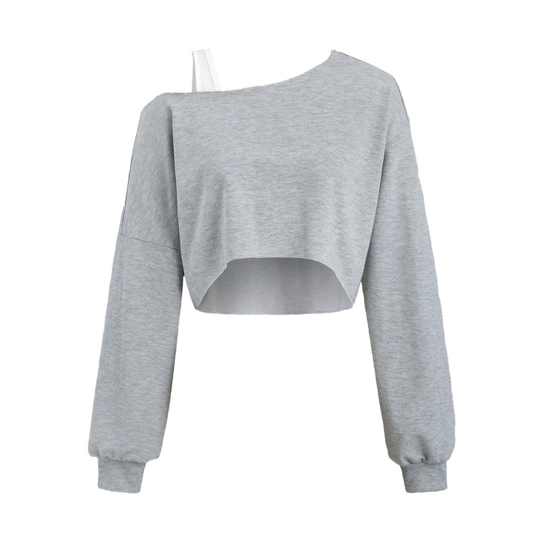 Damen cropped Off-Shoulder Sweatshirt mit einseitigem Träger, Ballonärmeln und Rippbündchen Shop Nory