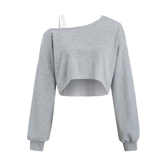 Damen cropped Off-Shoulder Sweatshirt mit einseitigem Träger, Ballonärmeln und Rippbündchen Shop Nory