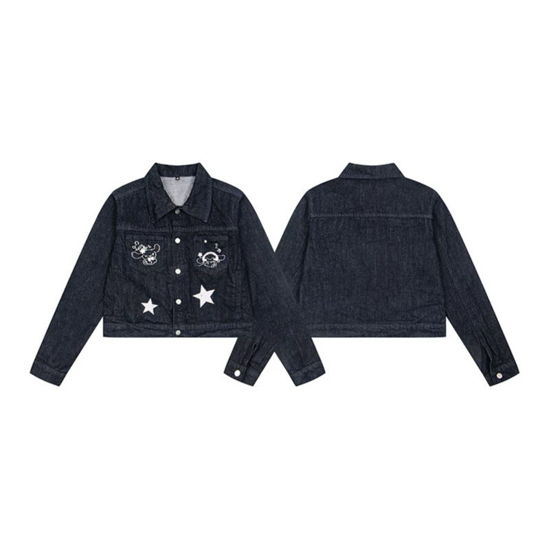 Damen Kurz geschnittene Jeansjacke mit Stern‑Applikationen und Cartoon‑Stickereien Shop Nory