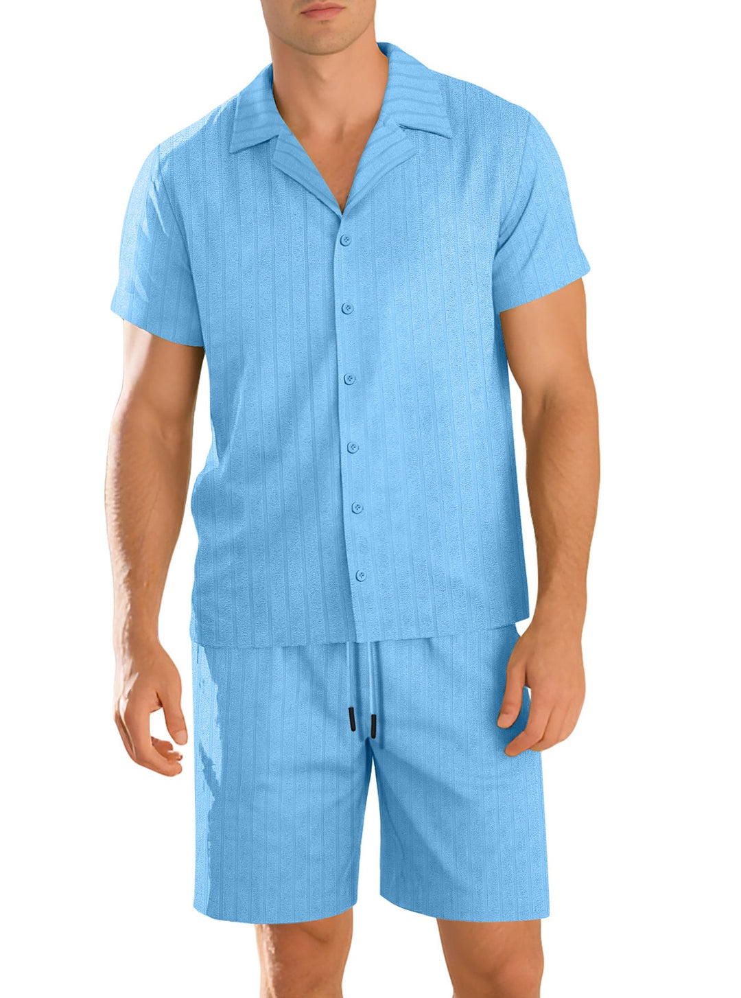 Herren nan Rippenstrick Lounge-Set mit Reverskragen Kurzarmhemd und Komfort-Bermuda Shopnory