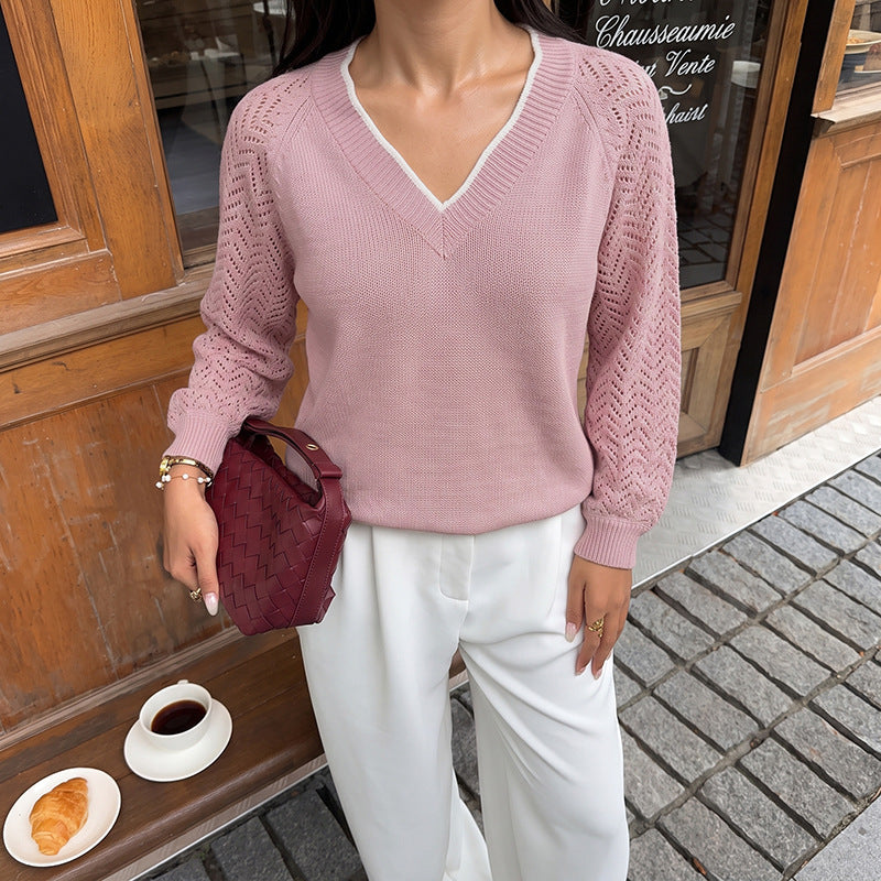 Damen Eleganter Pullover mit Lochmuster und V-Ausschnitt Shop Nory