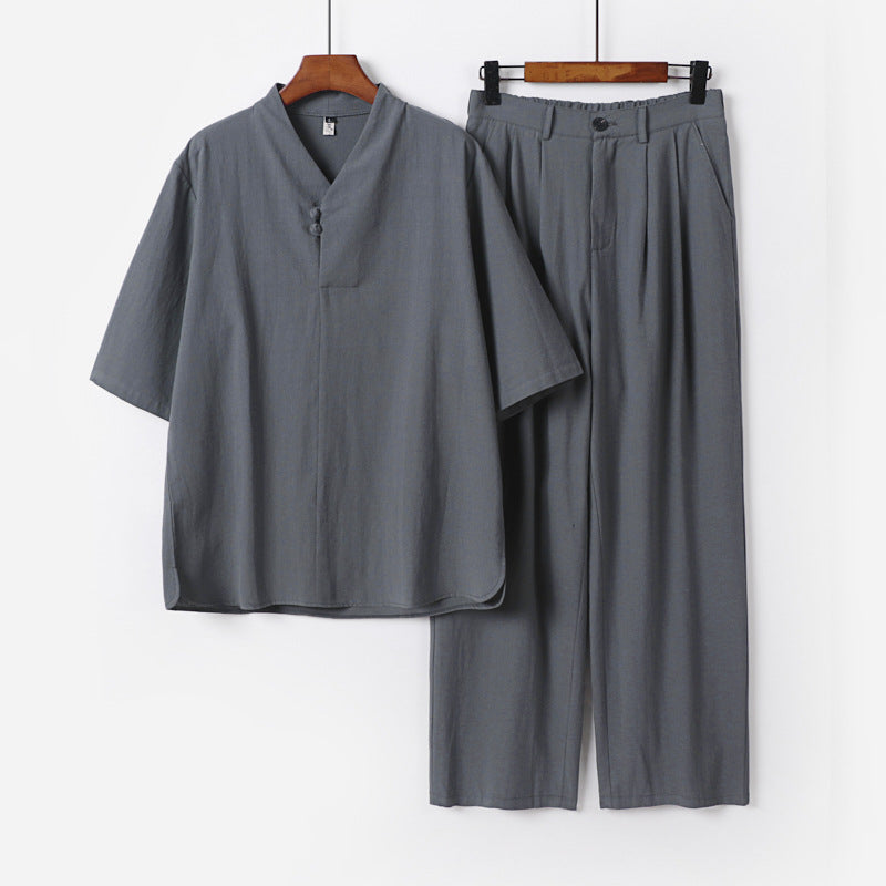 Herren Zweiteiliges Leichtes Kimono-Loungewear-Set mit Stehkragen Knotenverschluss Kurzarm und weiter Bundhose Shop Nory
