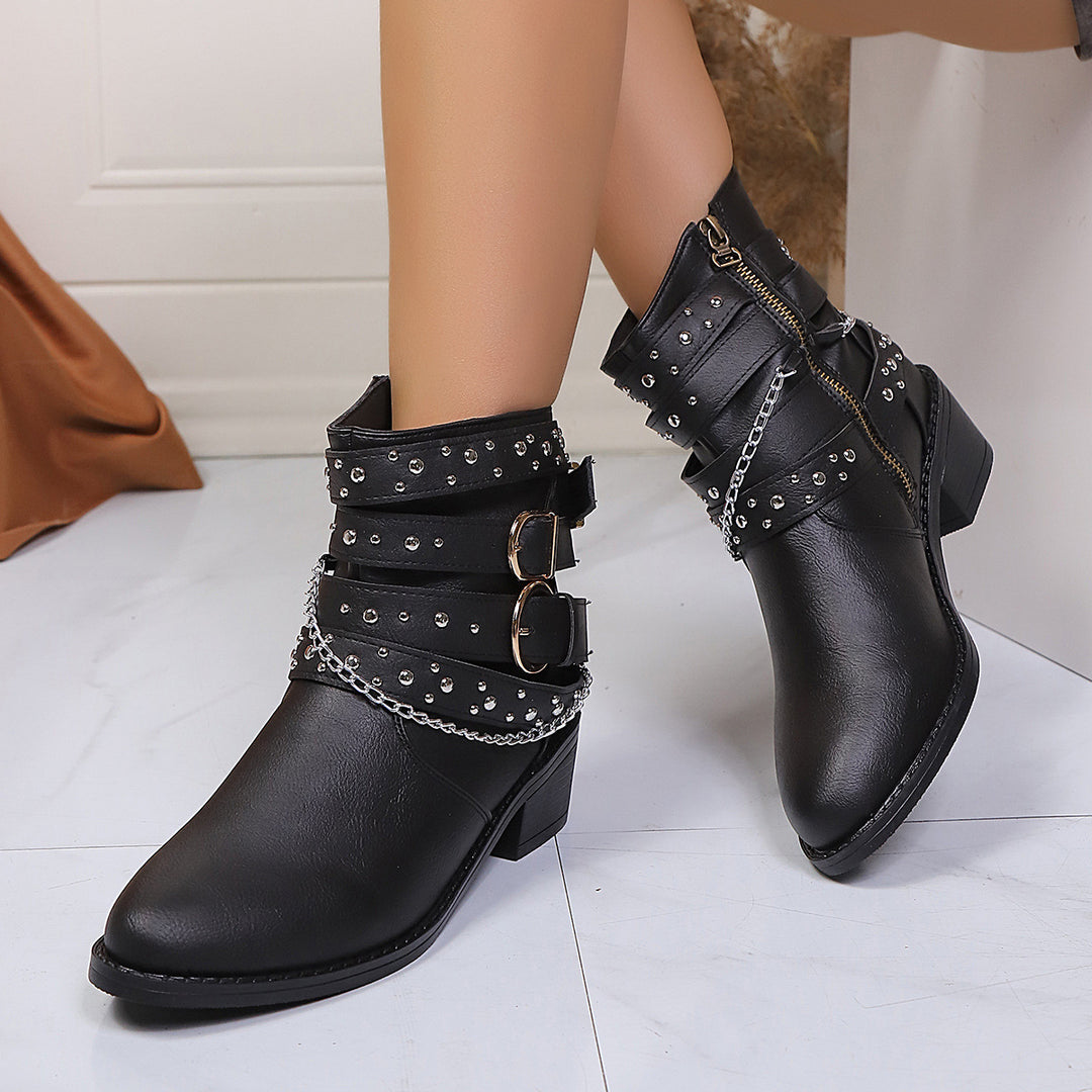 Damen Nietenbesetzte Stiefelette mit Ketten‑ und Schnallen‑Details Shop Nory