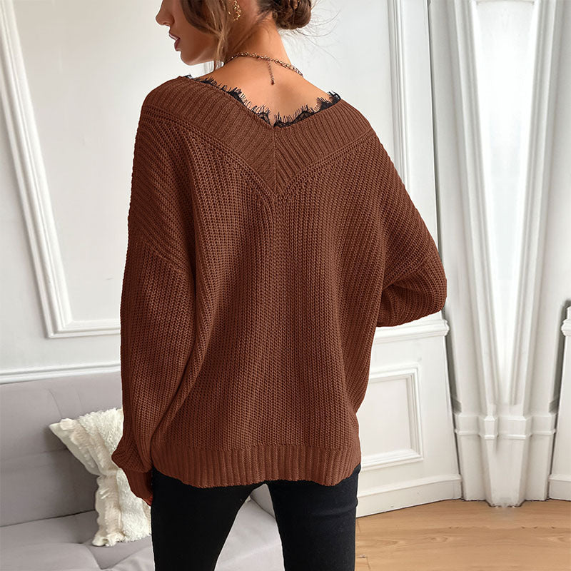 Damen Oversize V‑Ausschnitt Feinstrickpullover mit überschnittener Schulter und Rippbündchen Shop Nory