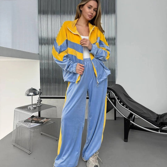Damen Retro-inspiriertes Samt-Trackset mit Chevron-Design, Stehkragen und weiter High-Waist-Jogger Shop Nory