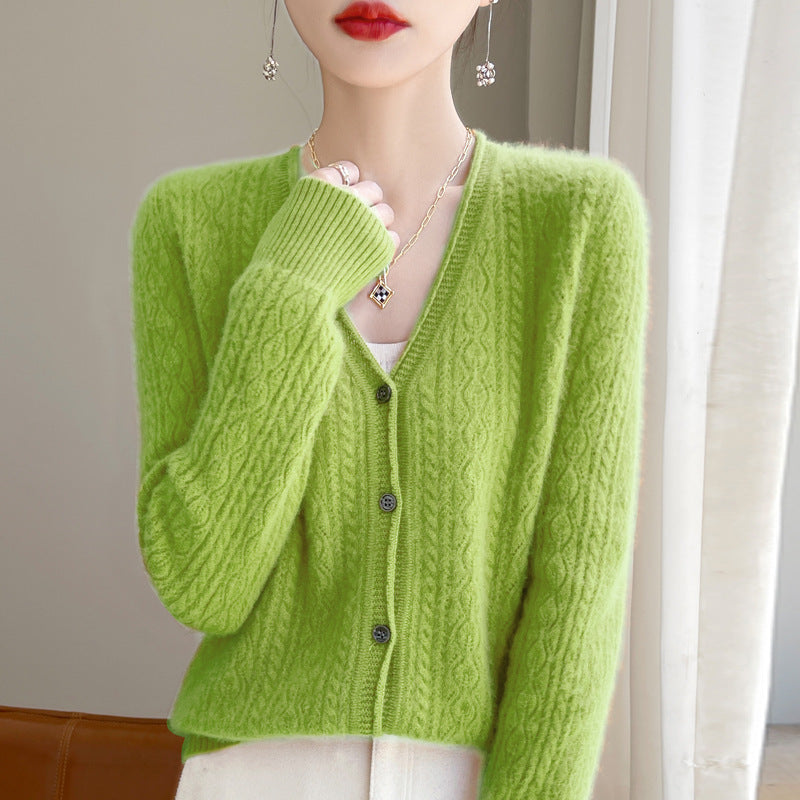 Damen Kurzer Zopfmuster-Cardigan im Mohair-Look mit V‑Ausschnitt und gerippten Bündchen Shop Nory